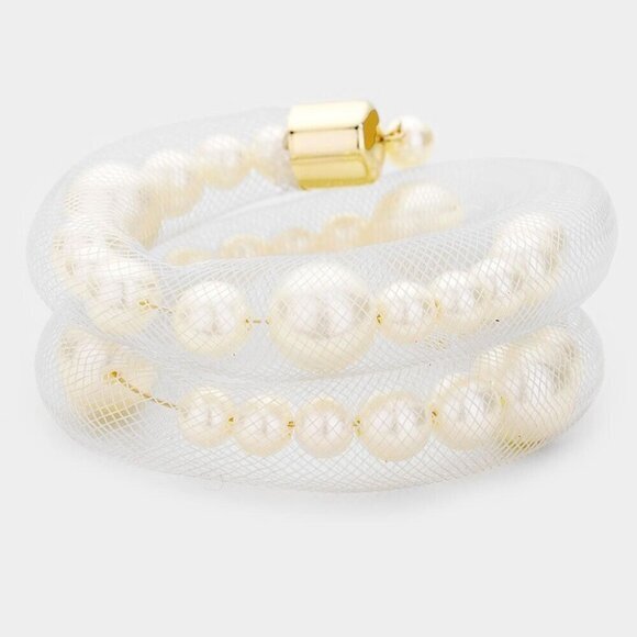 Women's Cream Pearl Bracelet Elegant Mesh‎ Tube Pearl Adjustable Bracelet - Picture 1 of 9
